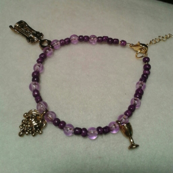 Wine Drinkers Charm Bracelet, Purple Beads.