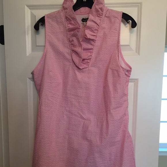 Ruffle pink and white seersucker dress