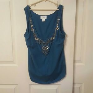 Teal silk sequined tank