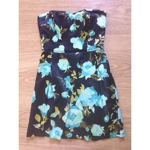 Small, strapless black/blue floral cocktail dress