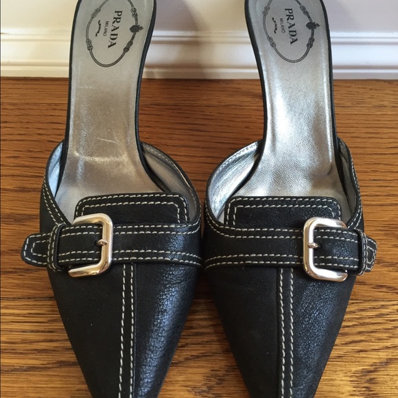 Black PRADA Milano leather pointed toe mules