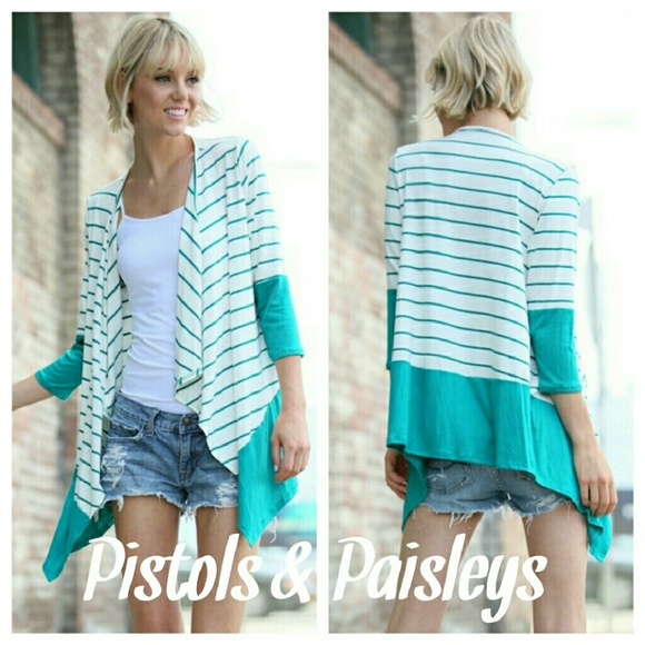 NWOT - Cream & teal stripped cardigan