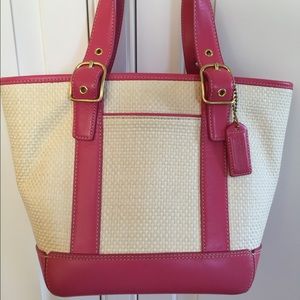 Coach woven straw pink leather shopper tote
