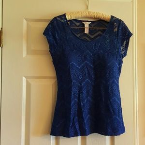 Navy Lace Overlay Cap Sleeve Shirt Size L