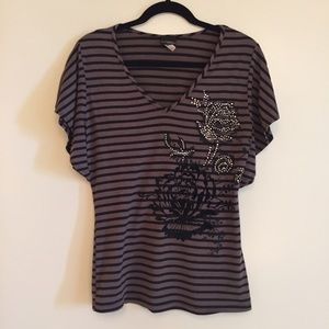 Buckle Black & Brown Striped Top w/ embellishments