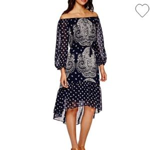 Navy & White Off-The-Shoulder Hi Lo Peasant Dress