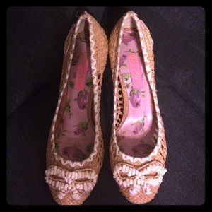 Betsey Johnson Wicker heels with Beaded Bow