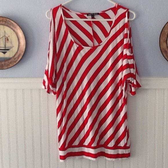 COLD SHOULDER RED/WHITE STRIPE TOP