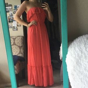 Coral, strapless maxi dress