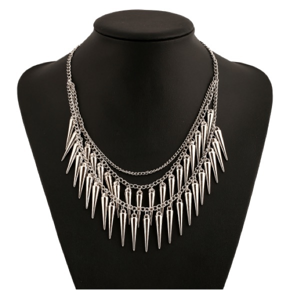 Layered Spike Necklace Silver Tone Pendant - Picture 2 of 2