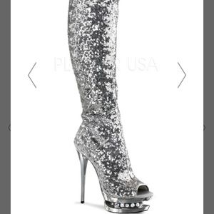 Silver Sequin Thigh High pot 6" Heel