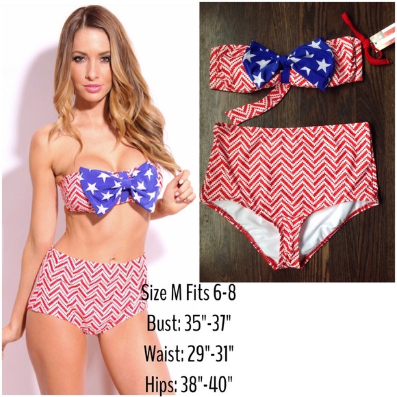Patriotic High waisted Chevron bow bikini