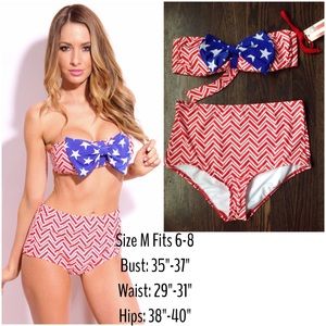 Patriotic High waisted Chevron bow bikini