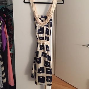 Ted Baker cream silk dress with dark blue squares.