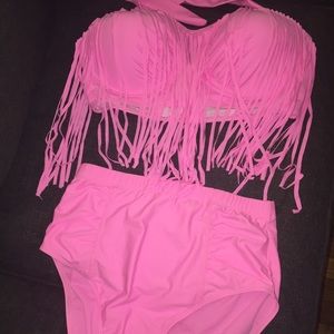 Pink two piece high waisted fringe swimsuit