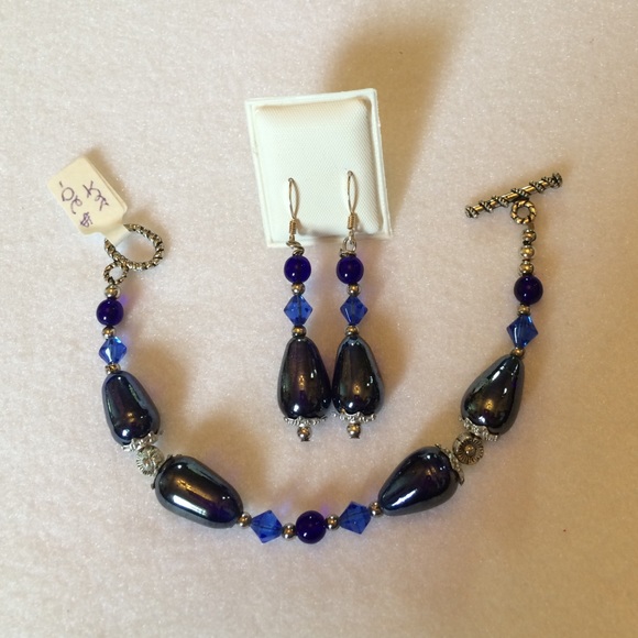 FINAL SALE PRICE Handmade OOAK Glass Bead Bracelet & ER Set in Blue