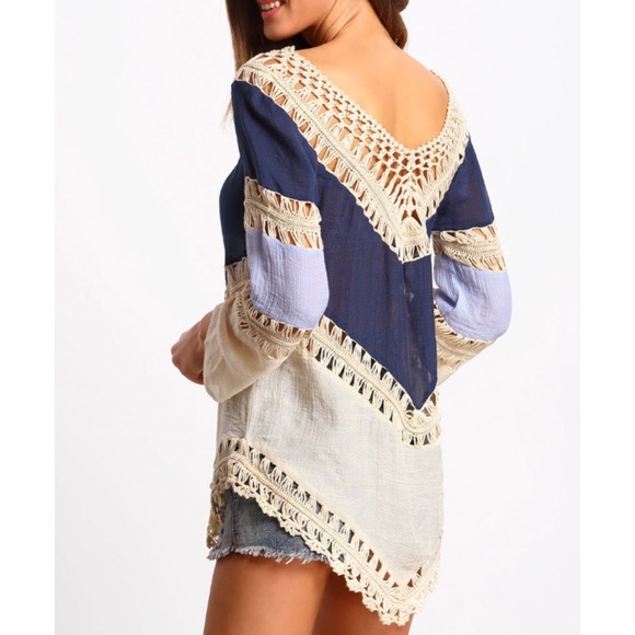 Blue casual crochet loose top. - Picture 2 of 4