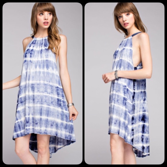 Tie dye Blue Boho Swing Open Back High Low Dress - Picture 2 of 4