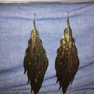 Long Gold Feather Dangle Earrings