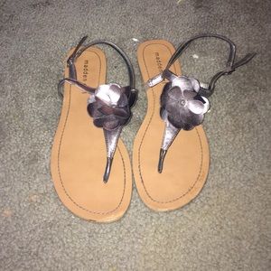 sandals with silver straps and silver flowers