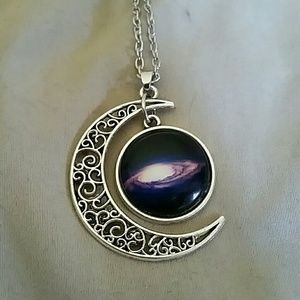 Silver half moon galaxy pendant charm necklace