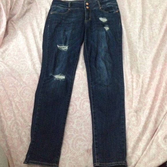 High rise dark wash distressed jeans
