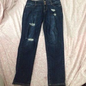 High rise dark wash distressed jeans