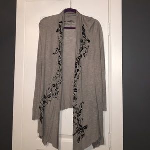 Gray Long Sleeve Cardigan w/ black & stone details
