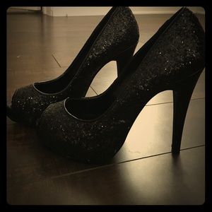 Michael Kors black sequined open toe pumps