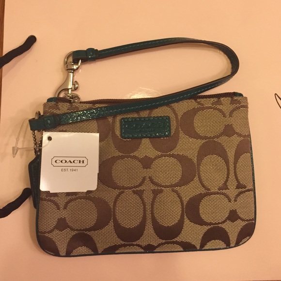 Classic Coach Coin Purse with Emerald Leather Trim