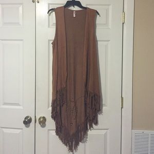 Long Suede-like Fringed Vest