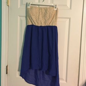 Tan and blue strapless sundress