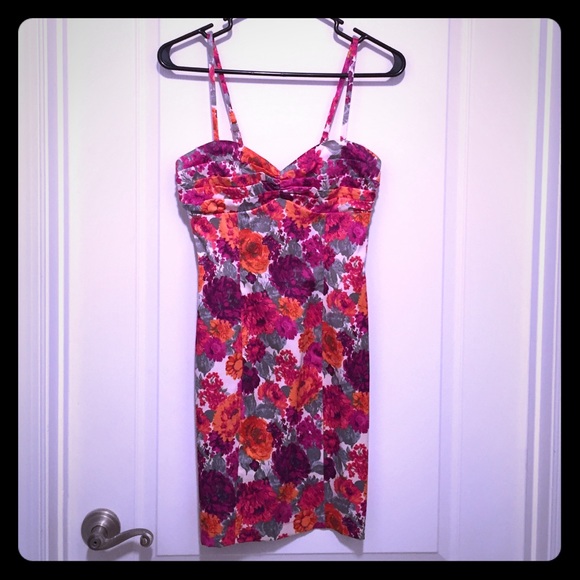 Floral print dress with removal straps.