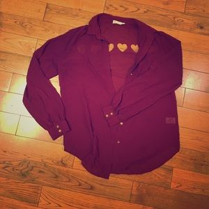 Sheer Oxblood button down with Heart Cutouts