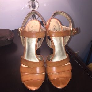 GUESS Tan peep toe ankle strap heel