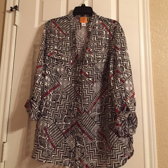 Black, red and white sheer blouse