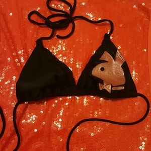 Bikini top black, pink sparkling bunny