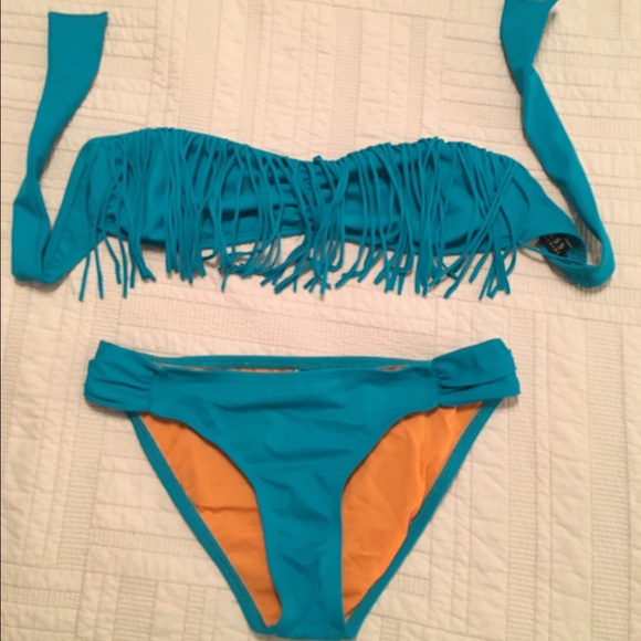 Teal guess bandeau fringe bikini