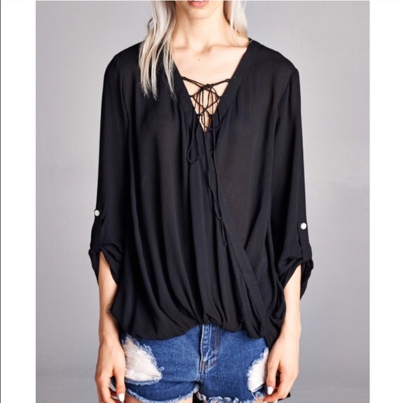 🆕LARA lace up front loose fit blouse - BLACK - Picture 2 of 3