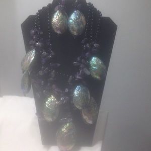 Natural Amethyst and Abalone and Onyx Necklace Set