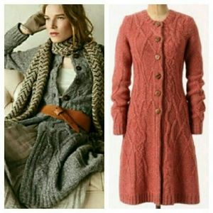 Red Anthropologie coiled cable knit sweater coat