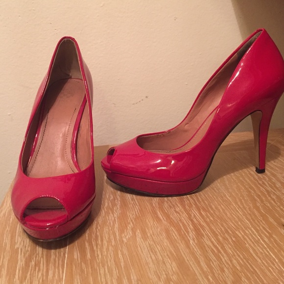 Vince Camuto patent red leather peep toe pumps