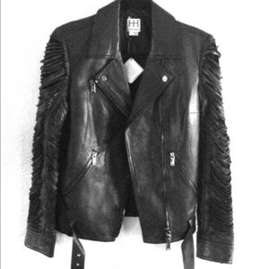 Haute Hippie Fringe Sleeve Lambskin Moto Jacket
