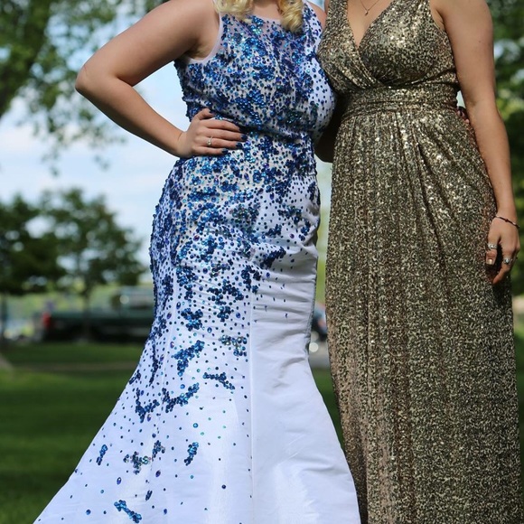 White with blue embroidery prom gown
