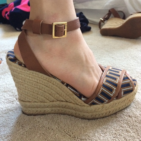 Tory Burch wedges and fun flowy shirt