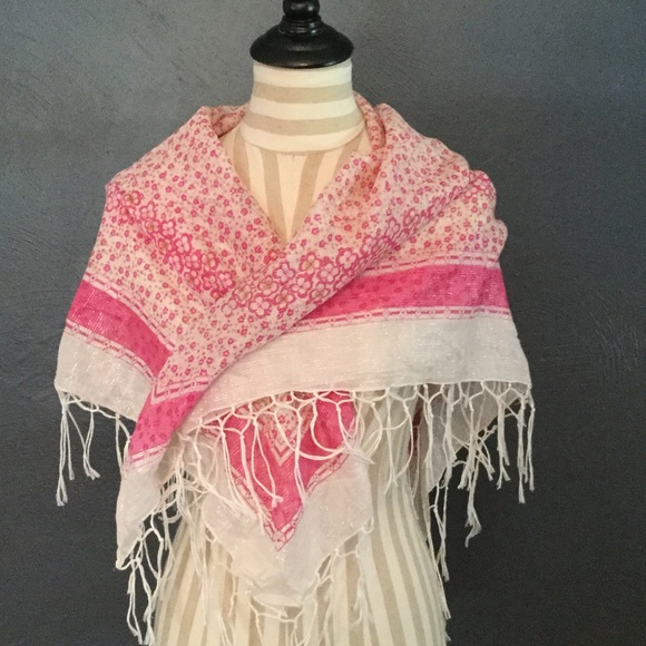 Pink and White Floral Shawl/ Scarf with Fringe