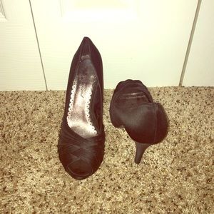 Black Satin Ruched Peep-Toe Heels