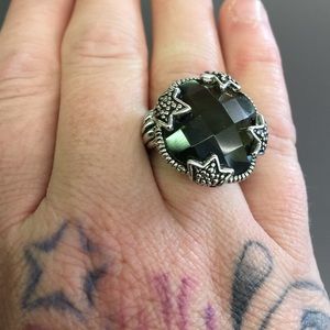 Dark green and silver faceted fashion ring