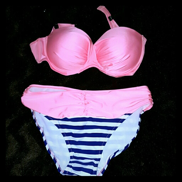 CUTE PEACHY PINK NAVY/WHITE BIKINI SZ L