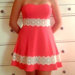 Coral and white lace strapless dress